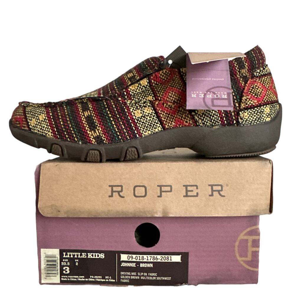 Roper Johnnie Driving Moc Girls Size 3 Brown Southwest Slip On Aztec Kids Shoes